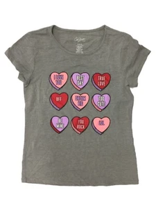 Girls Gray Valentines Candy Hearts Pink Red True Love Be Mine T-Shirt Top - Picture 1 of 2