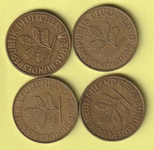 BRD, 4 mal 10 Pfennig Münze, 1982, Prägestätten D, F, G & J, zirkulierte Münzen - Bild 1 von 2