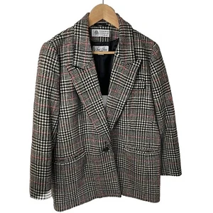 VTG 80s Bill Blass Petites Black White Wool Herringbone Jacket Blazer Women 10 P - Picture 1 of 15