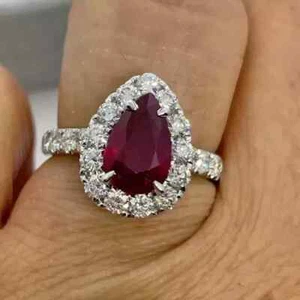 Red Ruby 2.00Ct Pear Cut Lab Created Halo Engagement Ring 14K White Gold Plated - Picture 1 of 7