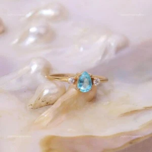 14K Gold Sky Topaz Cocktail Ring, Rose Cut Diamond Beautiful Birthday Gift Ring - Picture 1 of 3