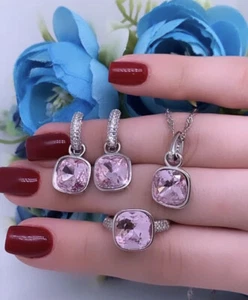 925 ECHT SILBER diamanten Rosen Quarz Ring  Ohrringe & Anhänger Set - Bild 1 von 4