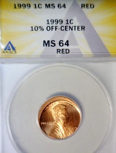 1999 ERROR ANACS MS64 OFF CENTER Lincoln Cent CH BU + FULL RED O/C Coin NR - Picture 1 of 4