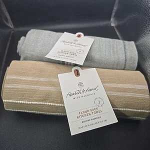 2 Magnolia Hearth & Hand Flour Sack Kitchen Towels Beige & Green Striped 30x30" - Picture 1 of 11