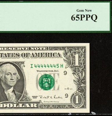 1995 $1 FRN PCGS 65PPQ - Near Solid Up Ladder Serial Number 44444445 - Image 1 of 3