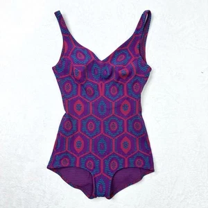 Traje de baño vintage para mujer pequeño años 60 una pieza geométrico azul púrpura rosa retro - Imagen 1 de 12