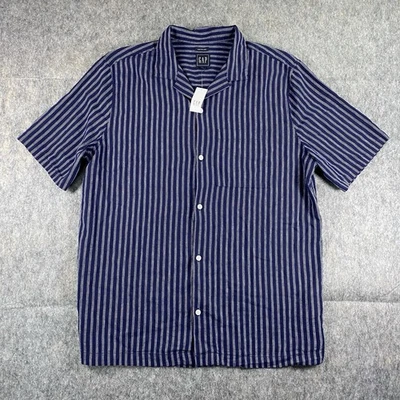 GAP Linen Blend Camp Collar Shirt Blue Striped Men's Medium Resort Summer NWT - Image 1 of 4