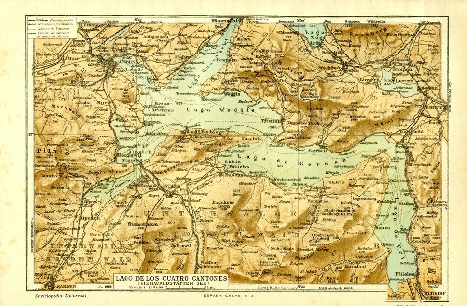 Antiguo mapa de 1920 lago cuatro cantones Lucerna Suiza retro arte de pared decoración Foto 1 de 1