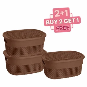 14L Plastic Storage Basket, Kitchen and Bathroom Home Organiser Brown - Set of 3 - Picture 1 of 14