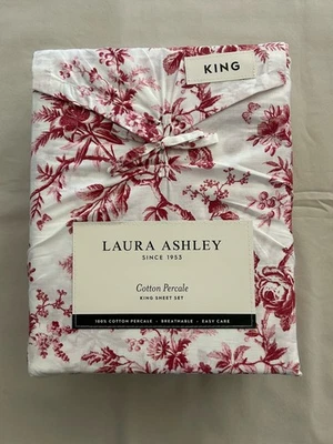 NEW 4pc Laura Ashley King Sheet Set Garden Floral WALLED GARDEN Red & White - Image 1 of 4