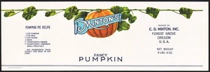 Vintage label MINTONS Pumpkin pictured C D Minton Forest Grove Oregon unused - Picture 1 of 2