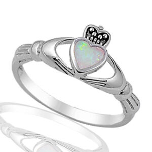 White Fire Opal Irish Heart Claddagh Celtic Sterling Silver Ring Size 3 - 12