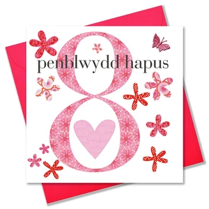 Welsh Birthday Card, Penblwydd Hapus, Age 8 Girl, fabric butterfly Embellished - Picture 1 of 3