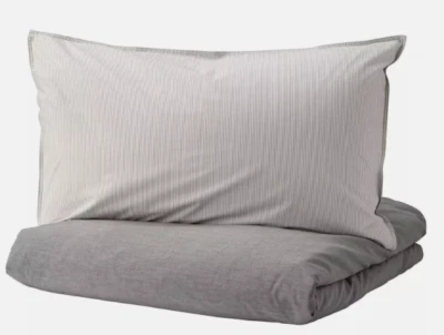 IKEA BLAVINDA Single/Double Duvet Cover Set Light Grey Stripe/Chambray BRAND NEW