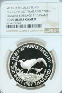 1987 THAILAND SILVER 200 BAHT SIAMESE FIREBACK PHEASANT NGC PF 69 ULTRA CAMEO ! - Picture 1 of 4