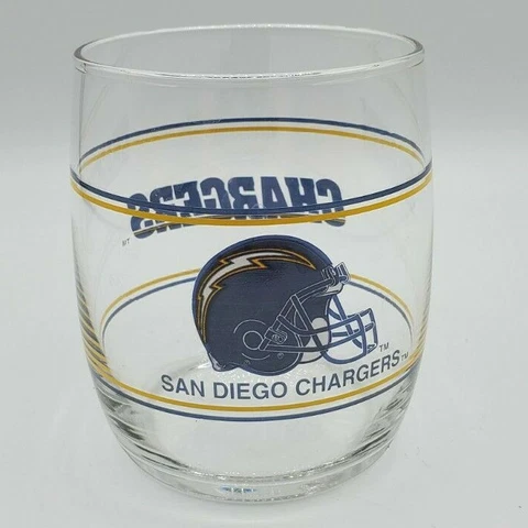 NFL San Diego CHARGERS Mobil Oil Gas Station Giveaway Tumbler Clear Glass 80's Cover
