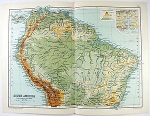 South America - Northern Part - Original 1909 Physical Map . Antique