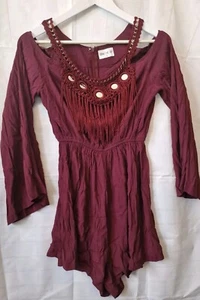 Kiss The Sky Boho Burgundy Mirrored Playsuit Embellished Tassels Fringe small - Picture 1 of 7