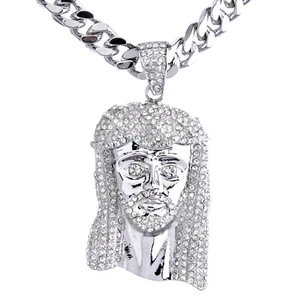 Rapper versilbert Iced Jesus Anhänger 30" schwere kubanische Kette Halskette HC 6002 S - Bild 1 von 5