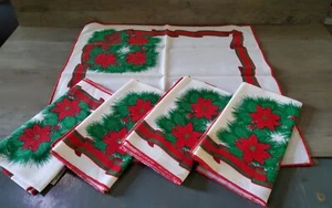 Vintage Christmas Linen Napkins Set Of 5 Border Ribbon Poinsettia Corner 16.25'' - Picture 1 of 4
