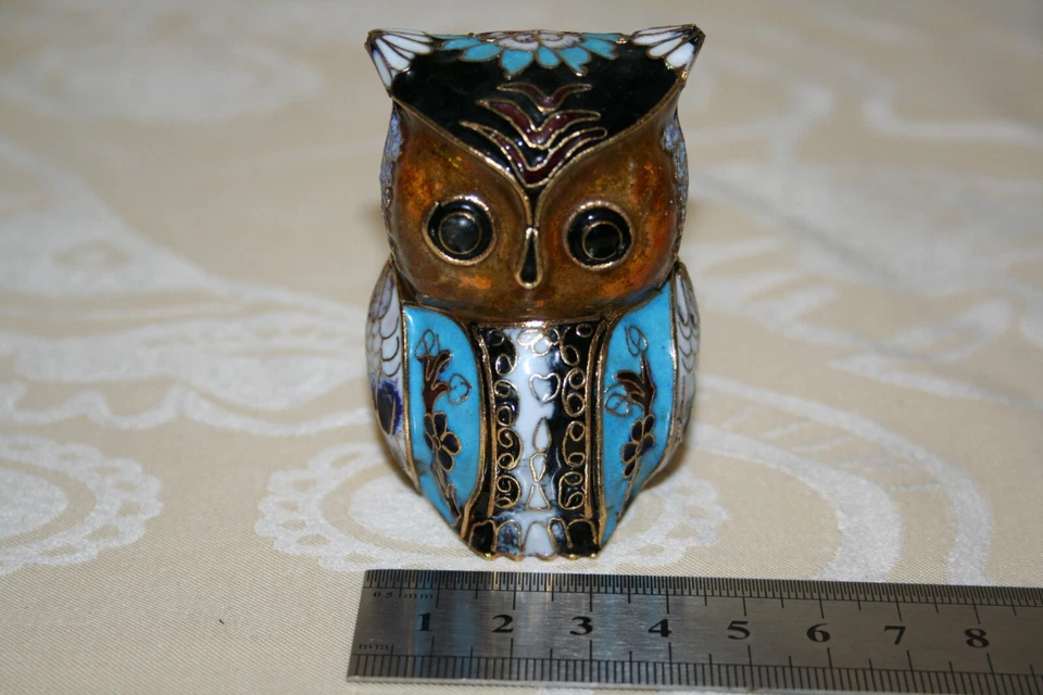jolie chouette ou hibou en laiton, émail cloisonné, hauteur 7 cm, chine - Photo 1/4