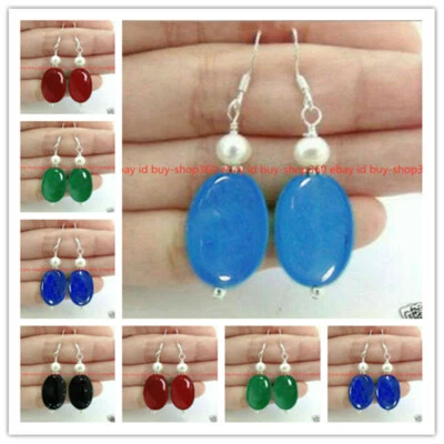 Fashion 13x18mm Multicolor Jade Gemstone White Pearl Dangle Earrings 925 Silver - Image 1 of 4