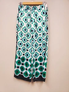 Zara geometrische Satin-Hose mit breitem Bein Gr. M grün blau neu mit Etikett Retro - Bild 1 von 10