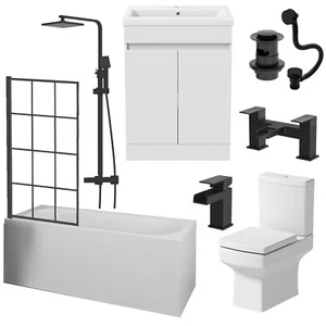 Complete Bathroom Suite Black Bath Shower Screen Vanity Basin Toilet Taps 1700mm - Picture 1 of 17