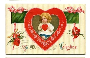 Vintage Postcard VALENTINES DAY Blonde Girl in large Heart - Picture 1 of 2