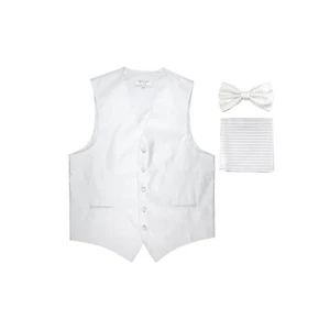 New Men's Tuxedo Vest Vertical Stripes Bowtie Hankie set prom party Formal White - Picture 1 of 4