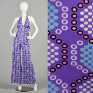 XS 1970s Jumpsuit Purple Geometric Printed Circle Pattern Wide Leg Halter - Picture 1 of 10