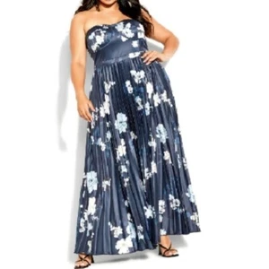 NWT City Chic Womens Navy White Floral Satin Pleat Midnight Maxi Dress Size 12 - Picture 1 of 10
