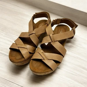 Clarks Artisan Leather Boho Strappy Cork Wedge Sandal Heel Buckle Tan Neutral 7M - Picture 1 of 9