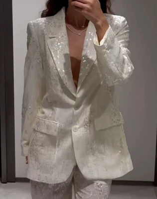 NWT ZARA Long Sequin Blazer w/ Shoulder Pads Oyster-white 3425/849 Size S - Image 1 of 4