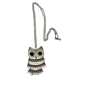 Chico's Owl Pendant Necklace Articulated Silver Tone Black Bead Eyes Statement - Picture 1 of 9