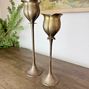 Bundle Lot of 2 Brass Floral Shaped Different Height Votive Candle Holders - Picture 1 of 12