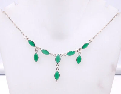 7.1 GM 925 Argento Sterling Verde Naturale Onice Gemma Lunetta Collana Misura - Immagine 1 di 3