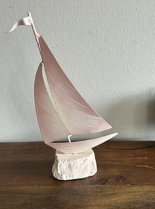 Vtg Metal Sailboat Statue with Granite Bottom Painted Pink Sail Boat Nautical - Picture 1 of 10