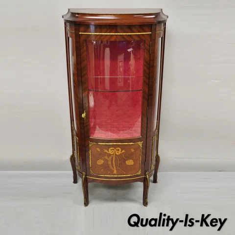 French Louis XV Style Small Curio Display Cabinet Bowed Glass and Inlay Cover