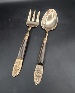 Buddha Fork and Spoon Serving Set Brass With Wood Handles Siam 2 Piece Flatware - Picture 1 of 10