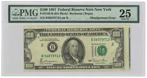 1981 $100 Federal Reserve Note New York Fr#2169-B PMG VF 25 Misalignment Error - Picture 1 of 3
