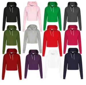 Womens Ladies Girls Crop Top Hoodie Plain Pullover Sweatshirts Hoodies Jumpers - Picture 1 of 16