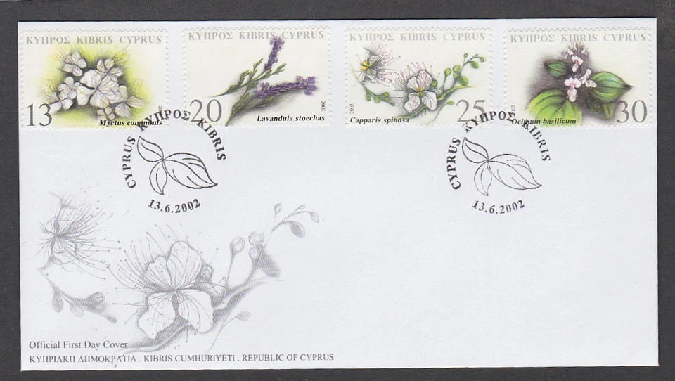 Chipre Kibris 2002 FDC plantas comestibles medicinales arbusto de alcapar lavanda francesa mirto Foto 1 de 1