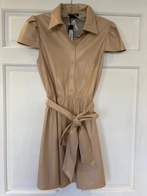 New NWT Alice + Olivia Carolyn Shirt Dress 4 S Small $395 Faux Leather Tan - Image 1 of 4