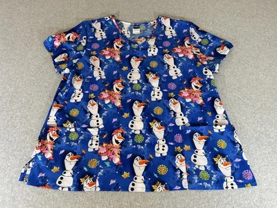 Disney Scrub Top Womens 2XL Blue Frozen II Olaf V-Neck Plus Size Medical Nursing - Image 1 of 4