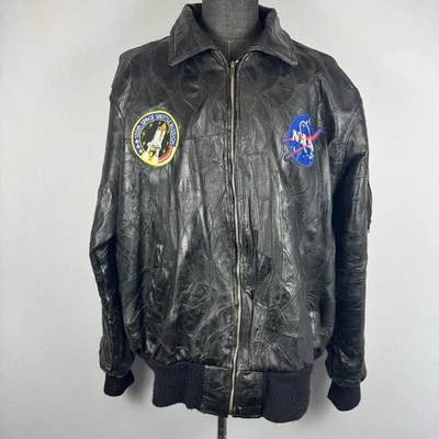 Chaqueta de bombardero de cuero vintage Alpha Industries NASA transbordador espacial 2X negra USAF Foto 1 de 4