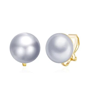 16MM Metallic-Grey Color Simulated Pearl Golden Clip On Stud Earrings Pearl Non - Picture 1 of 6