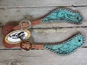 Spur Straps - Harness Leather, SS Dots (Adult - Antique Turquoise Western Tool) - Picture 1 of 3