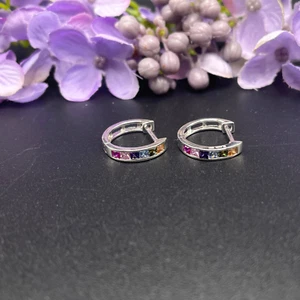 WHITE GOLD FINISH multicolored princess cut created diamond huggie hoop earrings - Picture 1 of 7