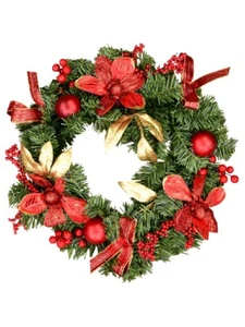 Decorated Red Bauble, Berry & Poinsettia & Gold Leaf Pine Wreath - 40cm - Picture 1 of 3